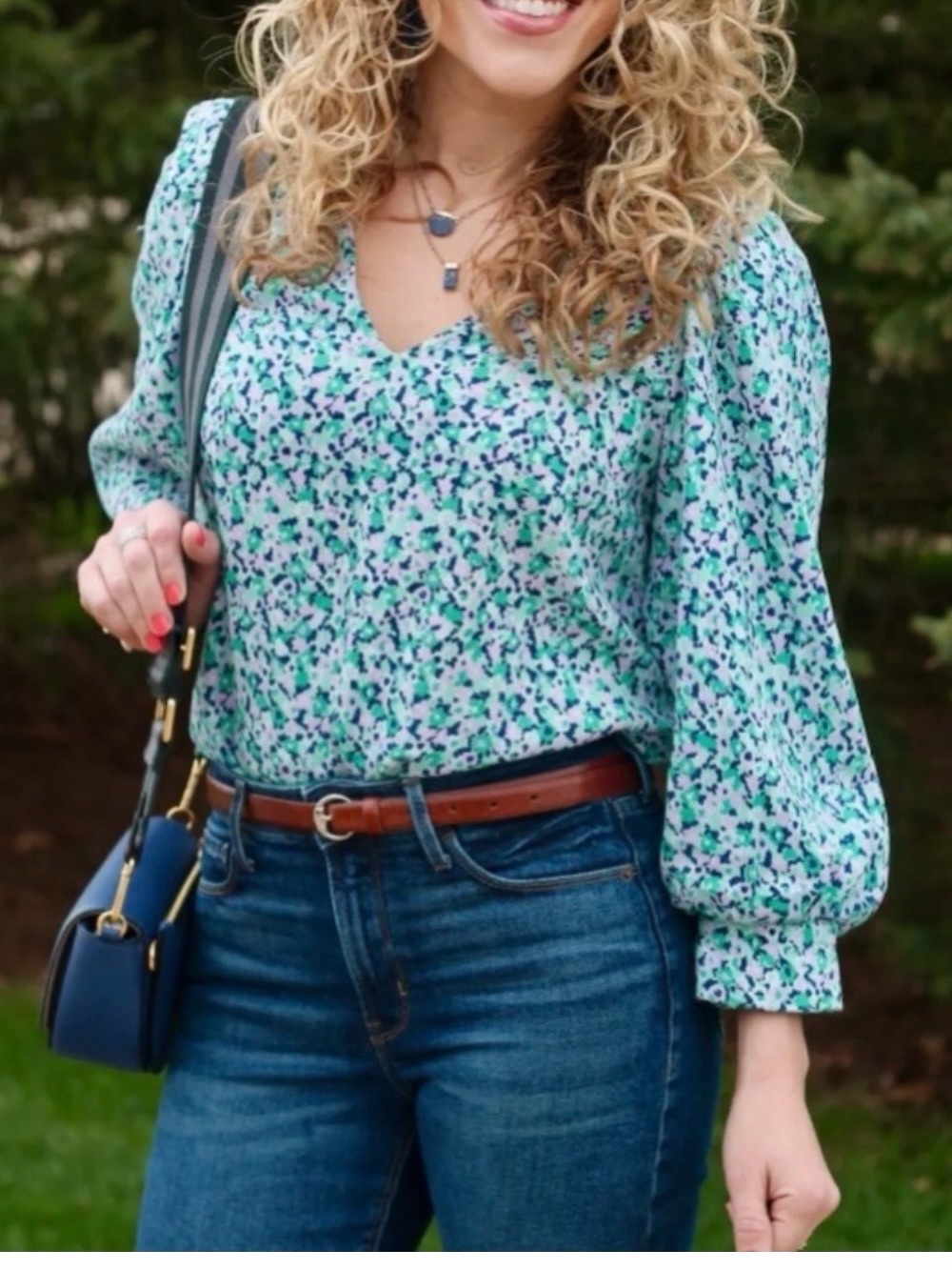 A New Day multicolored floral print blouse featuring voluminous balloon sleeves